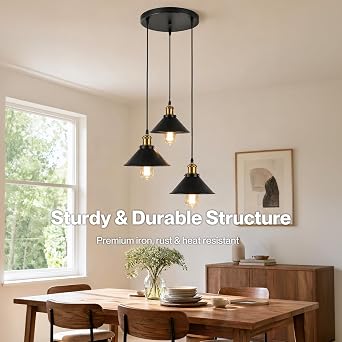 Emitto Black Ceiling Light, Industrial 3-Light Pendant Light Fitting, Metal Hanging Ceiling Lamp for Kitchen Bedroom Dining Room Hallway Entryway, Adjustable Height, E27 Base (No Bulbs) [Energy Class B]