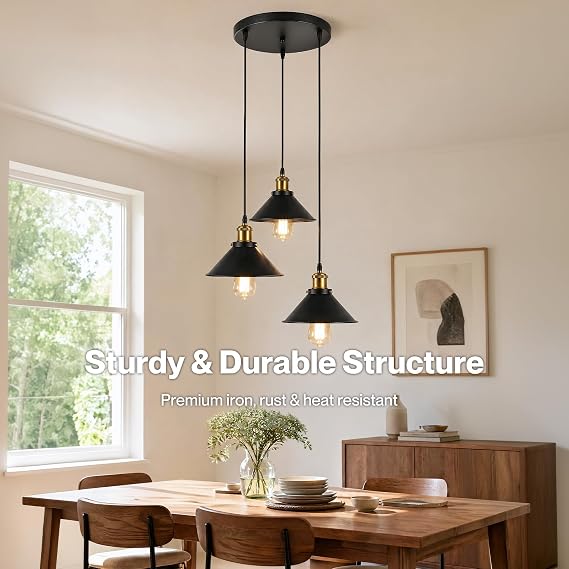 Emitto Black Ceiling Light, Industrial 3-Light Pendant Light Fitting, Metal Hanging Ceiling Lamp for Kitchen Bedroom Dining Room Hallway Entryway, Adjustable Height, E27 Base (No Bulbs) [Energy Class B]