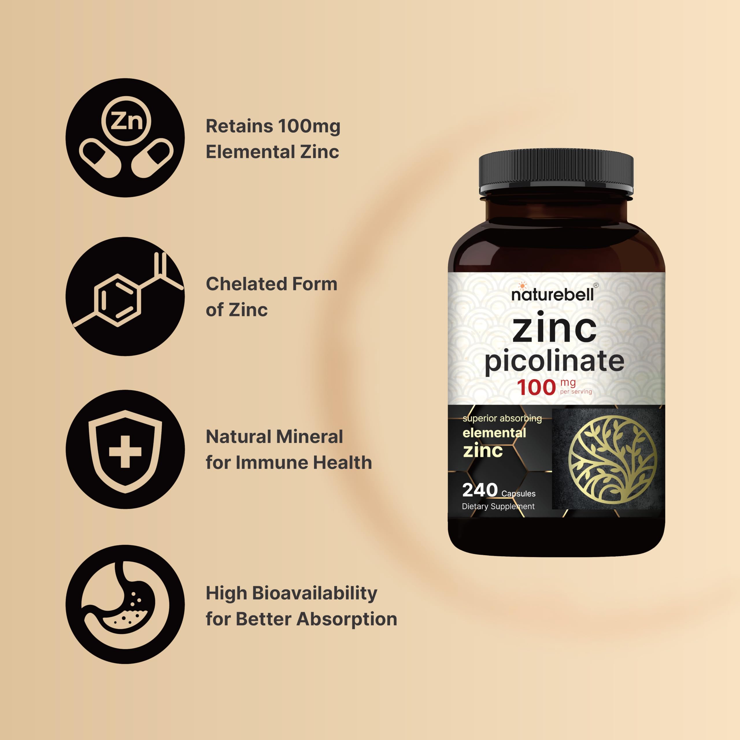 High Potency Zinc Picolinate 100mg - 240 Capsules, Bioavailable Form of Zinc for Immune Support and Skin Health - Non-GMO and Gluten — Amazon image 3