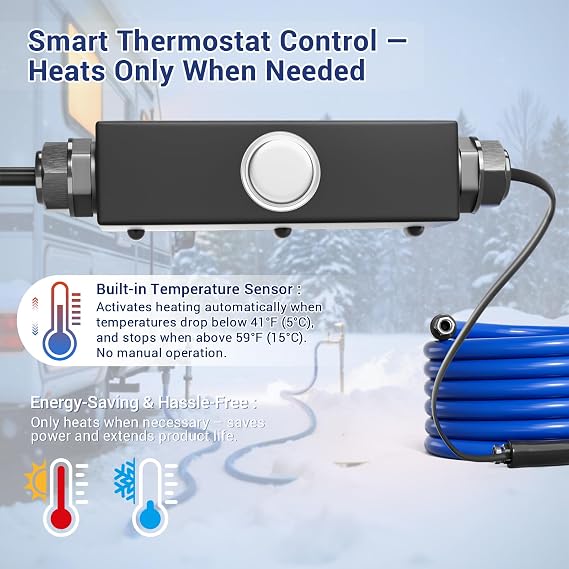35ft Heated Water Hose for RV, Heated Drinking Water Hose, Features Energy-Saving Thermostat, Water Line Freeze Protection Down to -40F/-40C, Heated Garden Hoses with Adapter, Lead and BPA Free