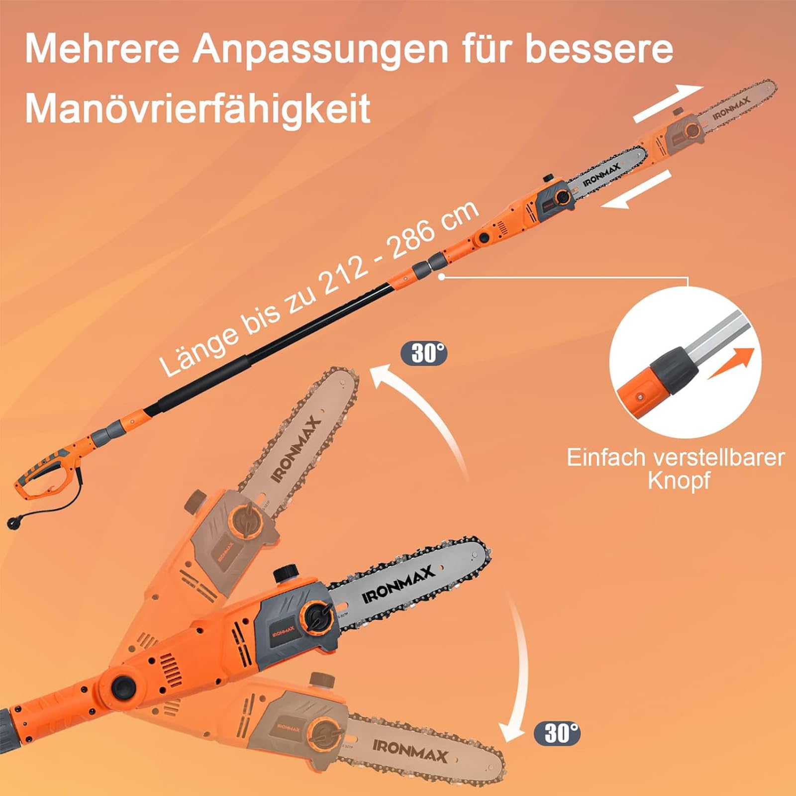 GOPLUS Elektro-Hochentaster, Teleskop Astsäge -750 W | mit abwinkelbarem Kopf | bis 286cm ausziehbar | 25 cm Schwertlänge | Kettengeschwindigkeit 11 m/s, Elektrische Kettensäge Profi-Astsäge Motorsäge