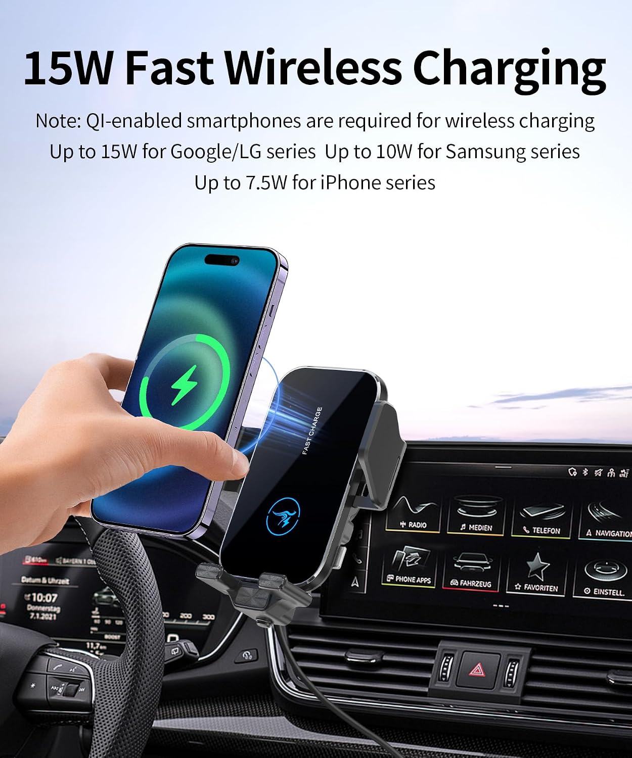 15W Wireless Fast Charger for Audi Q5 2021-2025/A5/S5/RS5 2020-2025/A4/S4 2020-2025 Accessories 10.1-inch Screen Fixed Clip, Interior Decoration Mobile Phone Mount, 360° Rotation