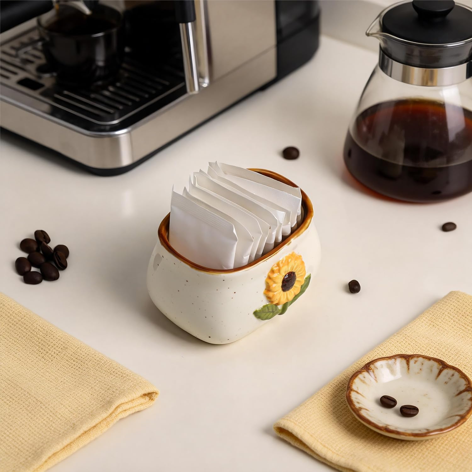 Sizikato 2 Pcs Porcelain Sugar Packet Holders Tea Bag Bowls, Cute Sunflower Relief, 3.2 Inches