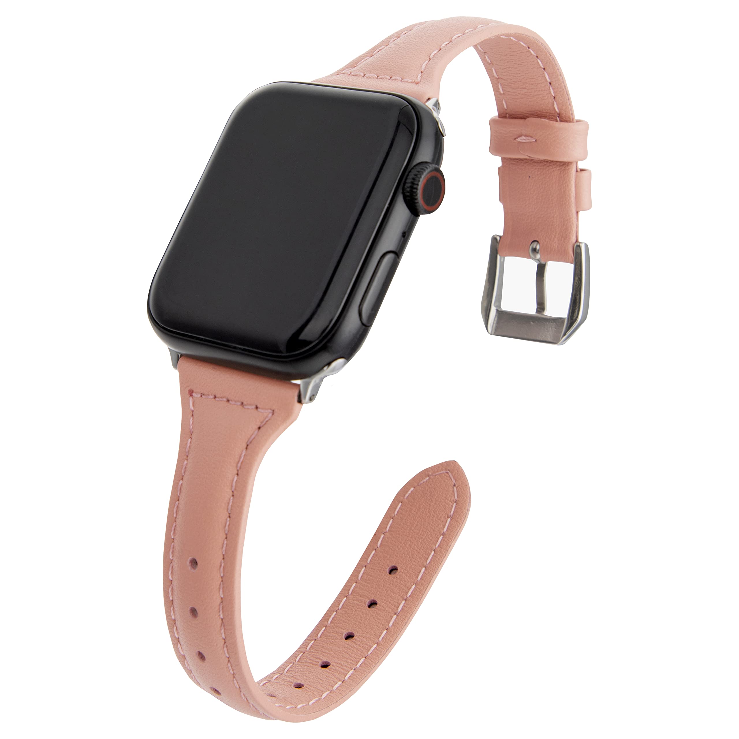 SEURE Kompatibel mit Apple Watch Armband 49mm 46mm 45mm 44mm 42mm,Damen Herren Soft Uhrarmband Slim Ersatzarmband Lederarmband mit Edelstahl-Verschluss für Serie SE/8/7/6/5/4/3/2/1 Rosapink/Silber
