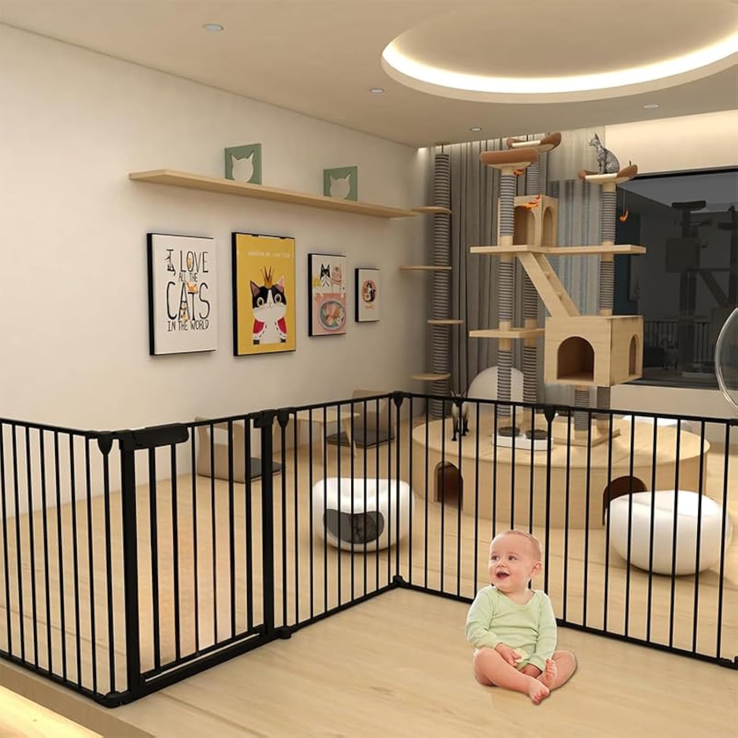 310cm Wide Metal Baby Safety Gate/Playpen with Door, Foldable Metal 5-Panel Playpen for Toddler/Pet/Puppy/Cat/Openings Stairs/Doorways/DogIndoor/Outdoor, White (black, 310cm)