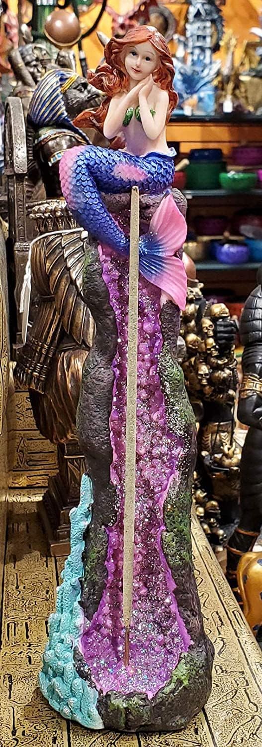 Ebros Gift Beautiful Ocean Mermaid Ariel Sitting On A Purple Quartz Crystal Quarry Coral Reef Pillar Tower Incense Burner Sculpture Nautical Mermaids Fantasy Figurine