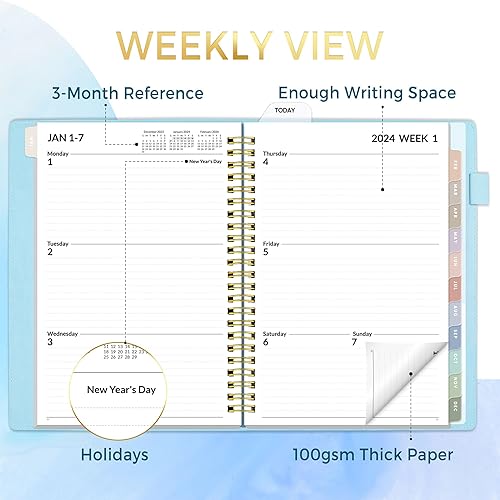 Miniatura 2 de SUNEE Agenda semanal y mensual 2024 de 9.2 x 11.2 pulgadas, 12 meses (enero de 2024 a diciembre de 2024), cubierta de cuero vegano, bolsillo,