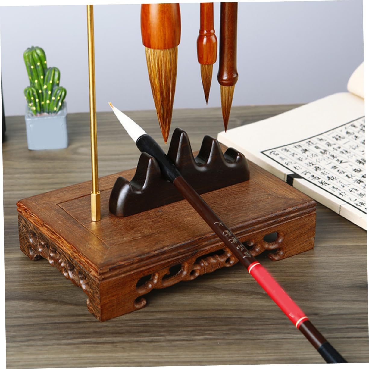 EXCEART Wooden Calligraphy Brush Holder Vintage Ink Brush Rack for Tabletop Hooks for Organizing Calligraphy Pens for Artists Writers