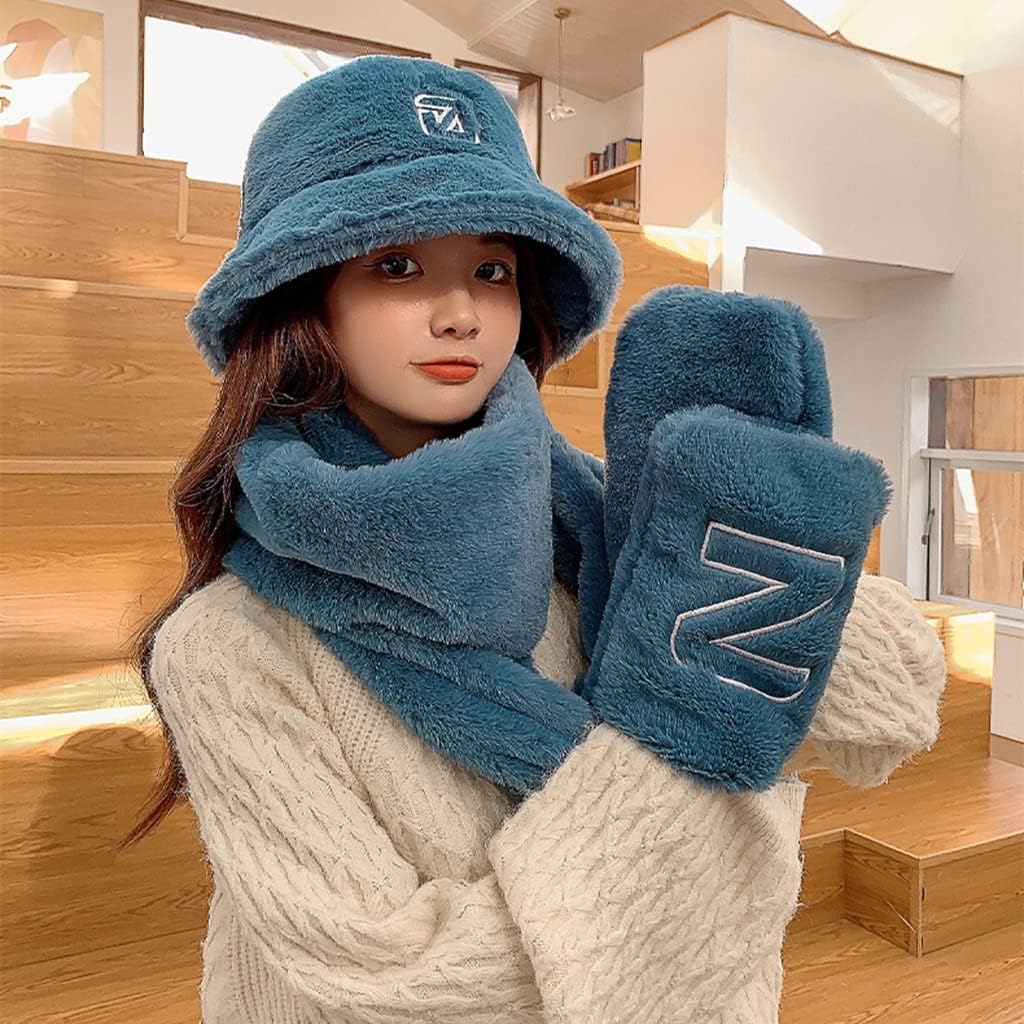 Scarf,Beanie Gloves Scarf Set Cute Bucket Hats For Teens Girls Fuzzy Bucket Hat Fisherman Hat Lady Winter Warm Scarf(Black)