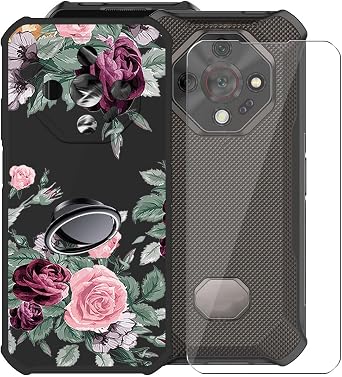 for Ulefone Armor X16 Pro 6.56" Case, [ 1 x Tempered Glass Protective Film], Shockproof TPU Cover, with [Phone CaseRotation Ring Kickstand] Phone Case for - Rose Flower