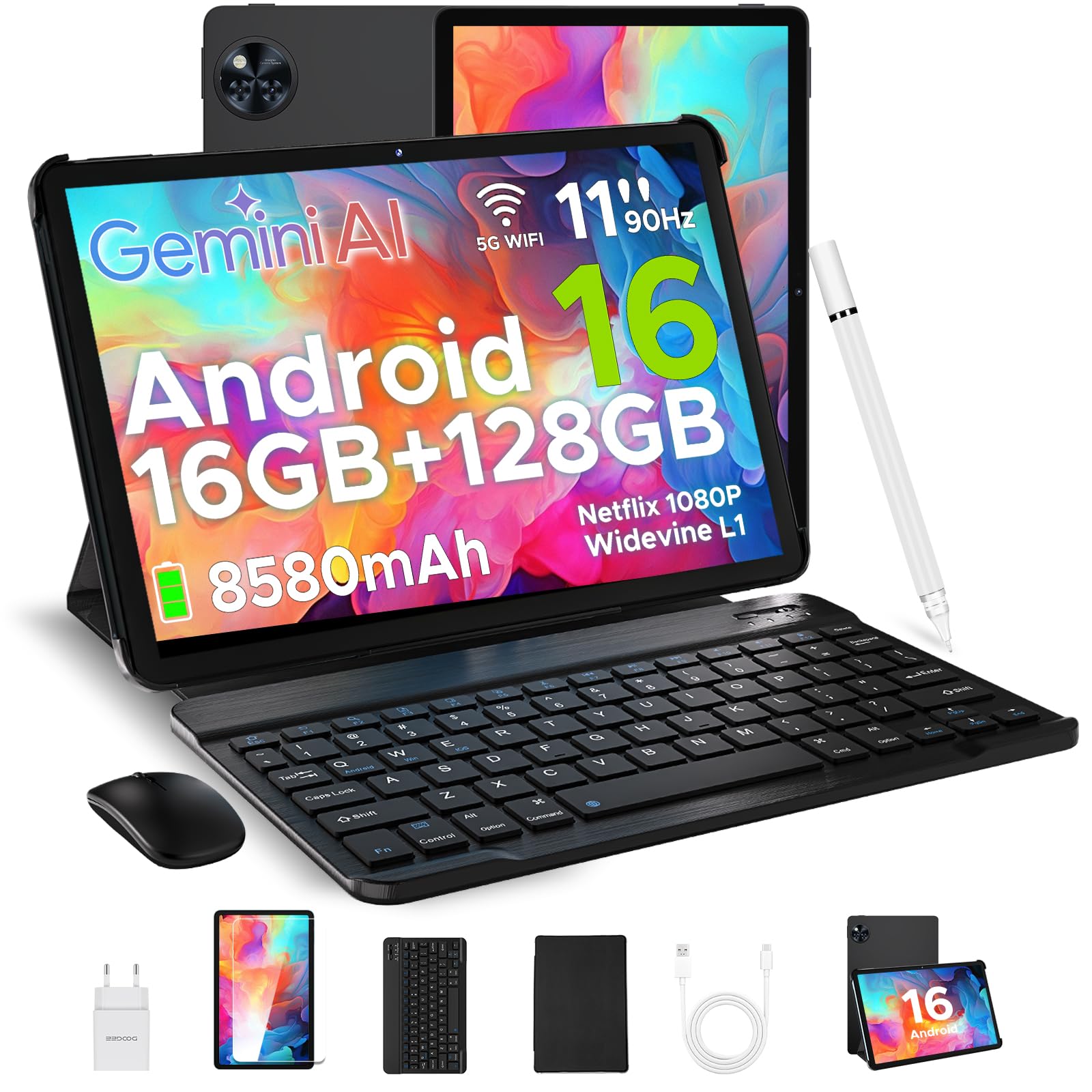 U11 Android 16 Tablet 11 Pollici Gemini AI, 16GB+128GB/2TB TF , 90Hz, 8580mAh, Gaming Tablets Unisoc T7200 Octa Core/13MP+5MP/Widevine L1/WiFi 5/Face ID, Tablet con Tastiera,Penna, Mouse, Case - Nero