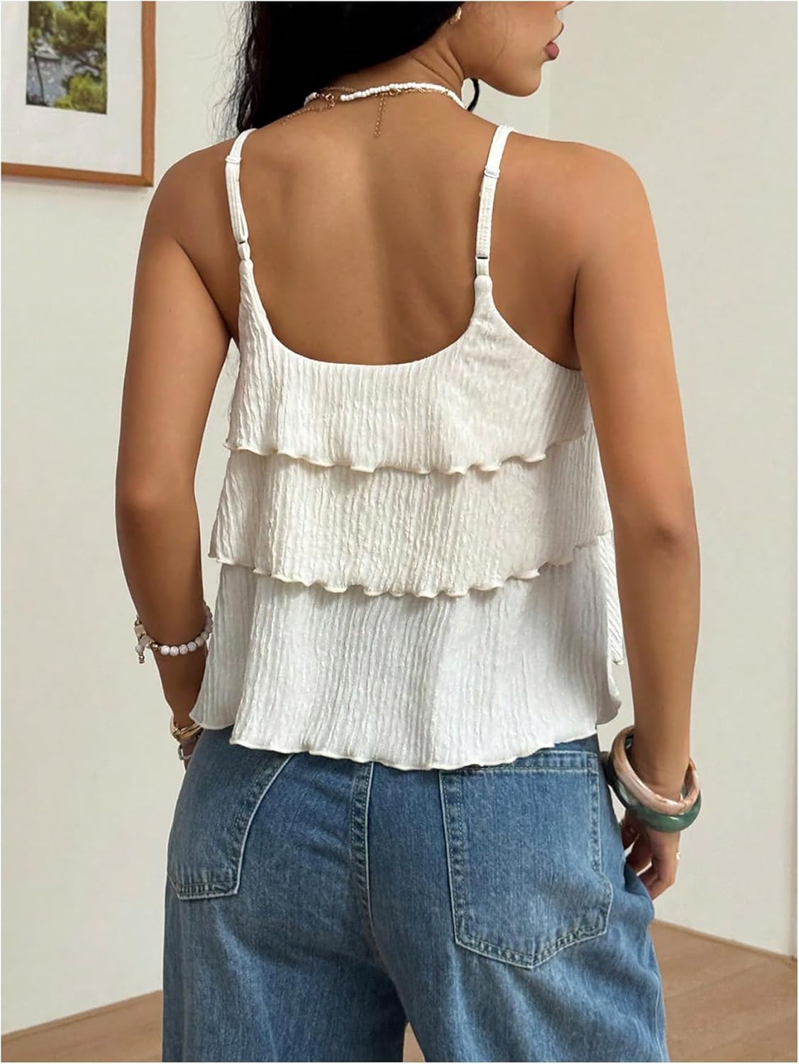 OYOANGLE Women's Layered Ruffle Cami Top Spaghetti Strap Lettuce Trim Flowy Summer Beach Camisole - Image 3