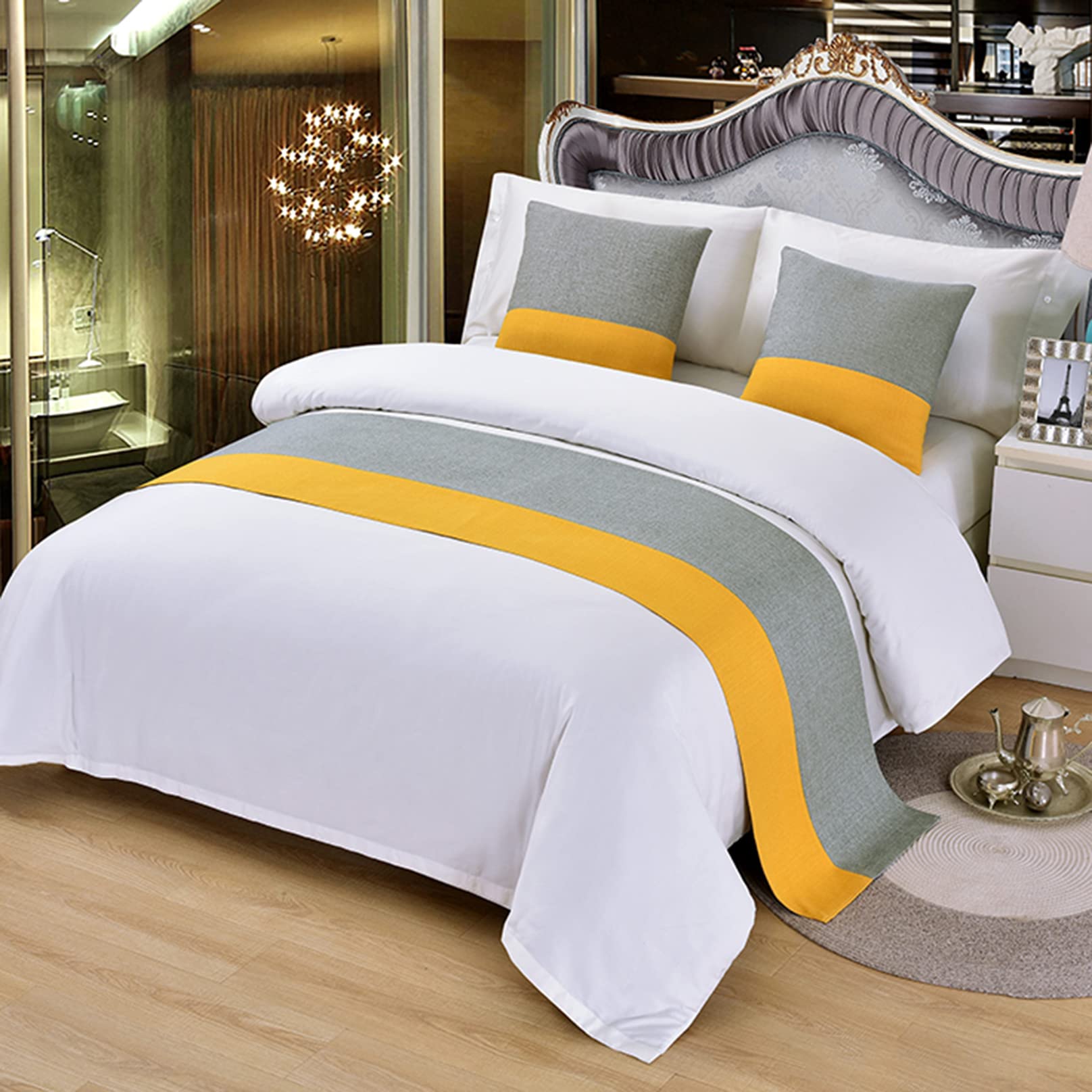 TTiiLoe Pattern Bed Runner for Foot of Bed, Bedroom Bedspread Bed Throw Bedding Protection End Towel Bed Cover Bed Scarf for Hotel Home, Yellow Grey, 50x210cm for 1.5m Bed