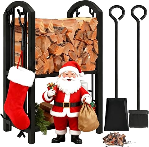 Amagabeli Estante para leña de Chimenea Estante de registro con 4 Herramientas Estante de Estufa de para Titular de Registro Conjunto Negro