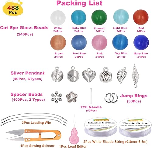 Miniatura 3 de EuTengHao Juego de 488 cuentas de cristal de ojo de gato, piedras preciosas naturales, redondas, sueltas, con accesorios colgantes, anillo abierto,