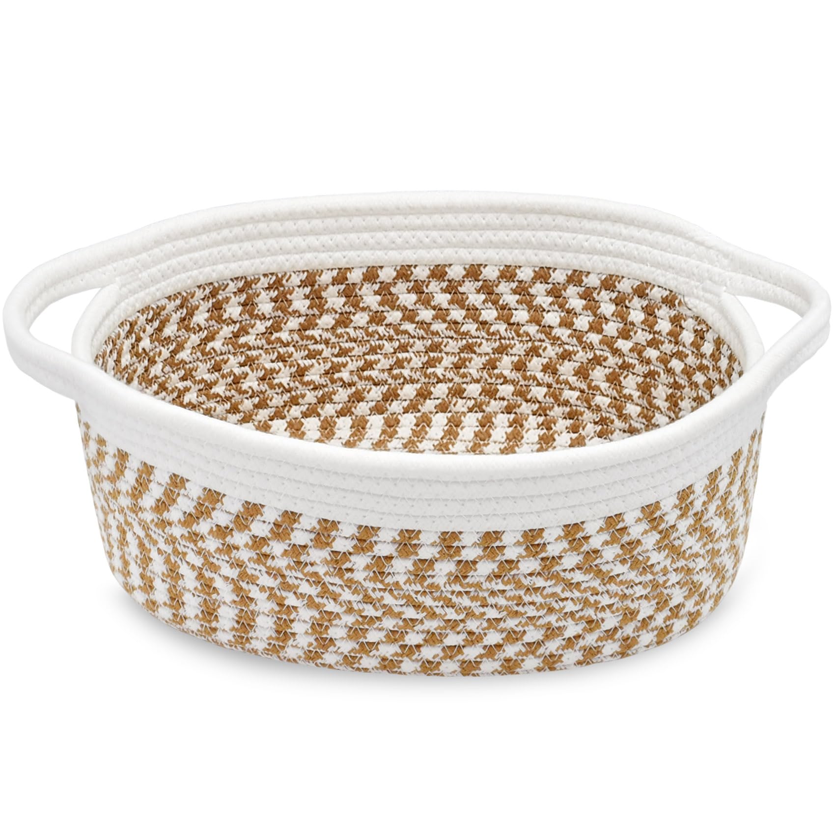 ABenkle Small Basket with Handles, Boho Decorative Rope Woven Dog Cat Toy Storage Bin Shelf Storage Organizer, Easter Christmas Gift Basket, 12"x8"x5"