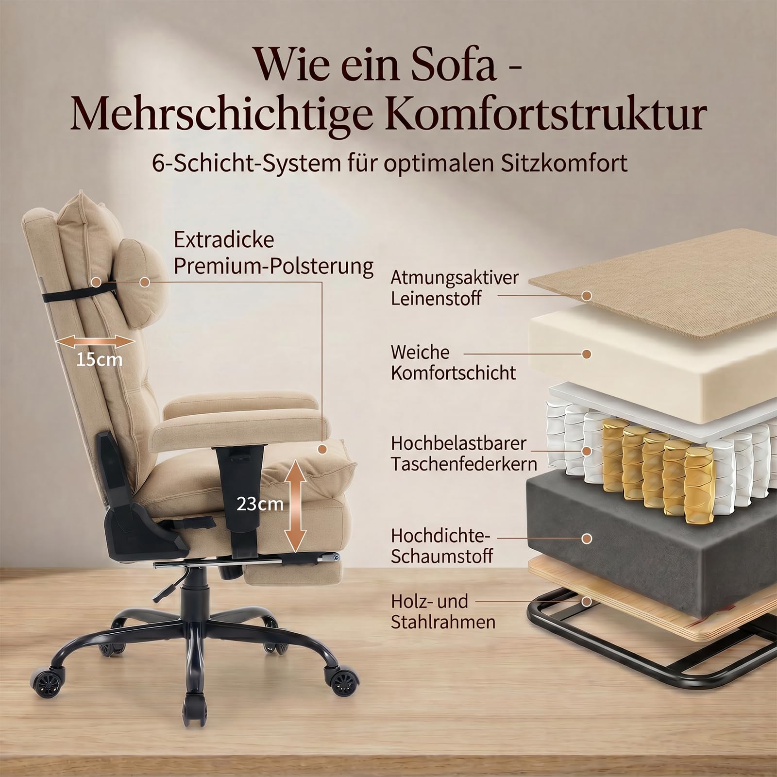 EXCEBET Bürostuhl mit Taschenfederkern, Ergonomischer Chefsessel aus Stoff mit Fußstütze, 155°Verstellbarer Schreibtischstuhl, Hoher Computerstuhl bis 180 kg, Breiter Sitz für Schneidersitz (Beige)