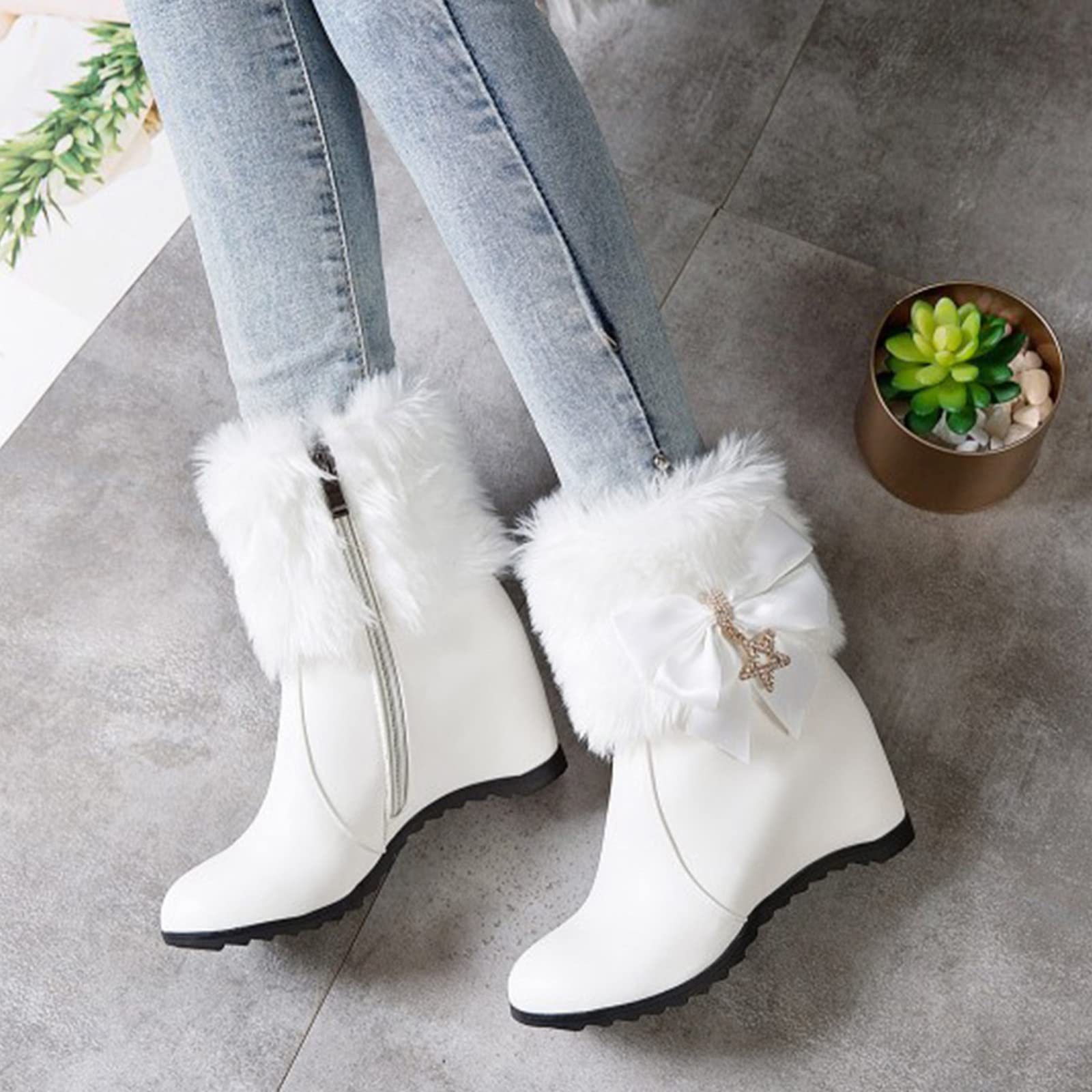 Scarpe Donna Stivali 2026 Cerniera Laterale Decorativa con Fiocco in Pelle Moda all'Interno Corti Cotone Tacco A Zeppa Anfibi Neri Pelo