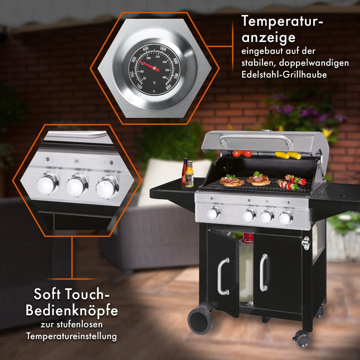 ProfiCook PC-GG 1219 - Barbacoa de gas, 3 quemadores de acero inoxidable + fogones adicionales (3 + 1), superficie de parrilla de 66 x 38 cm, 4 ruedas (2 de ellas con bloqueo), color negro