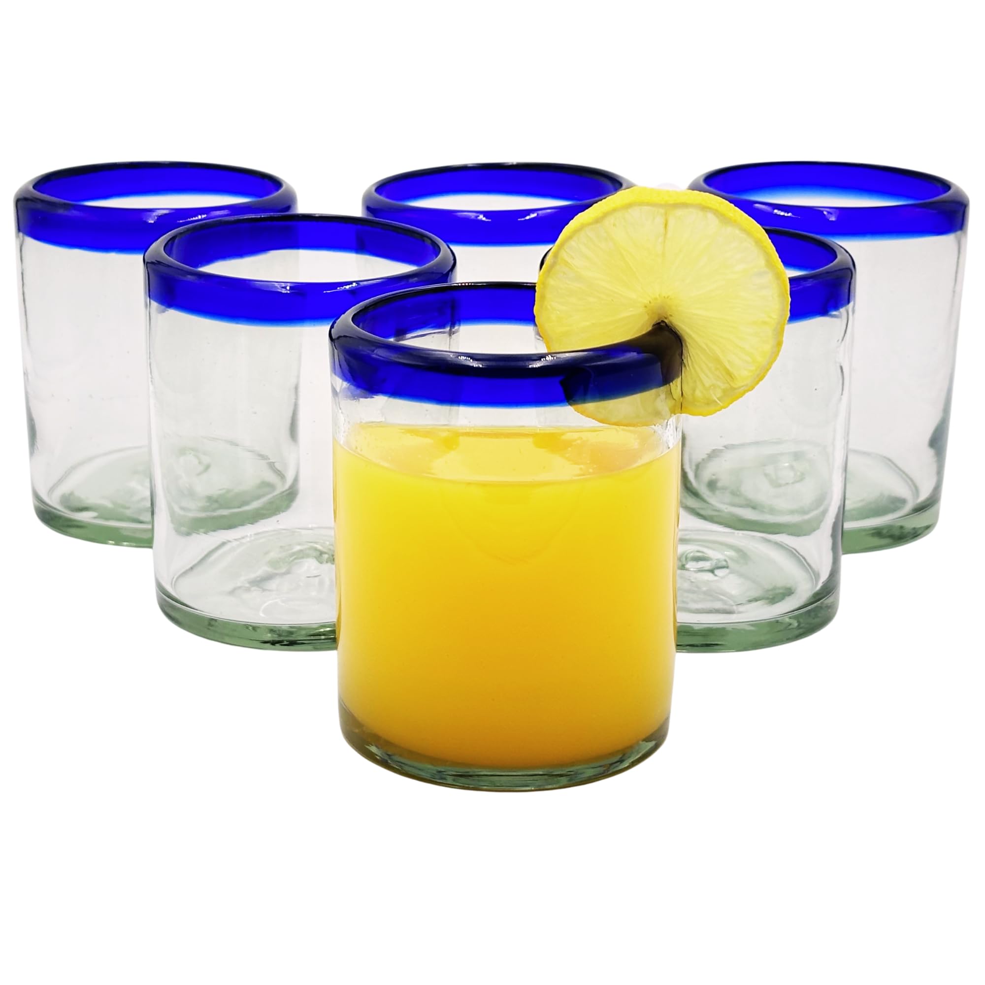 AGAVE'S GLASSWARE Juego de 6 vasos (10 onzas), vasos de cristal con borde azul cobalto, cristalería mexicana, cristalería azul cobalto, vasos de cóctel (borde azul cobalto, 10 onzas)