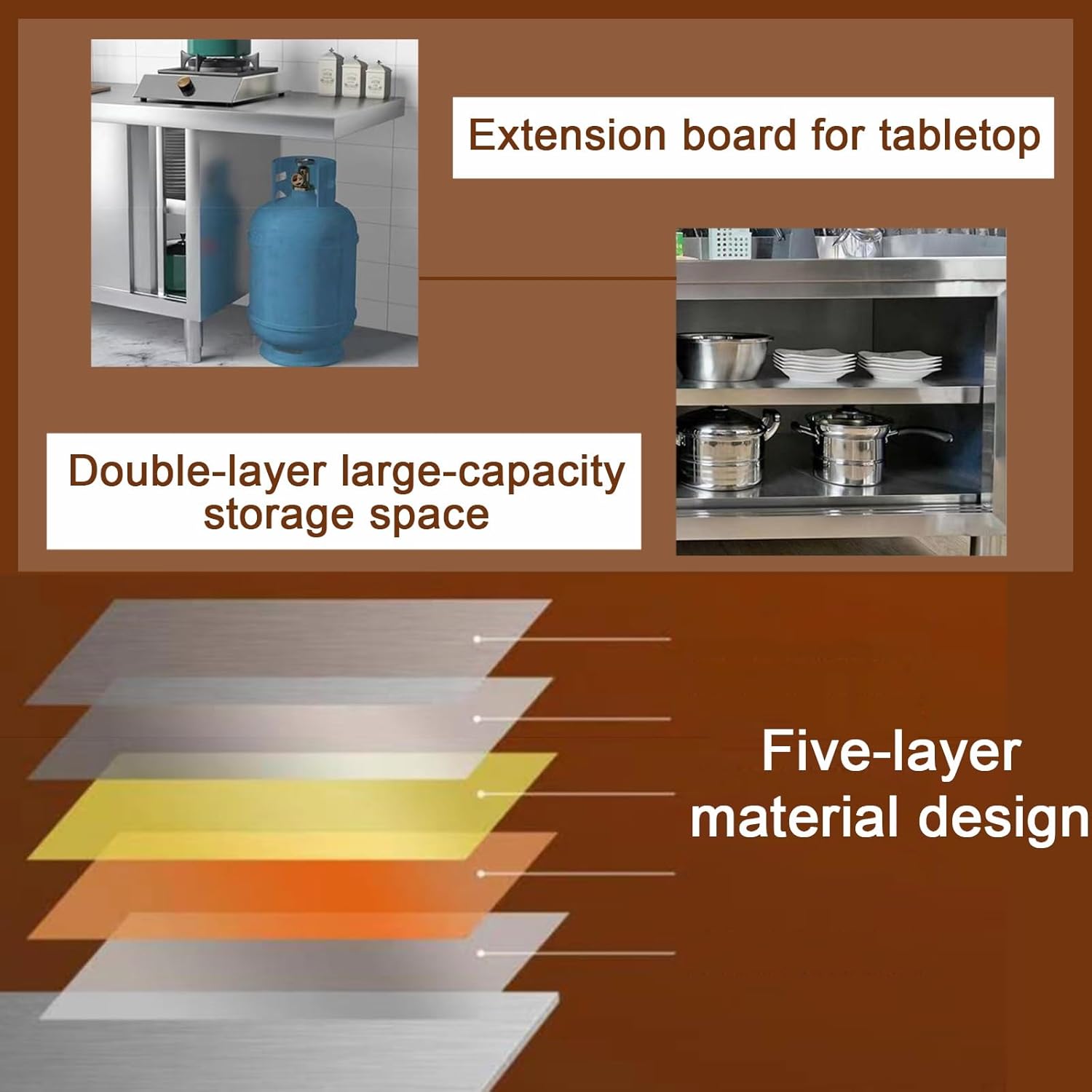 Stainless Steel Workbench Extendable Countertop Accommodates Gas Cylinders Kitchen Work Table H 80cm Rail-Sliding Door Design Reinforced Adjustable Legs Dual-Layer Storage Space