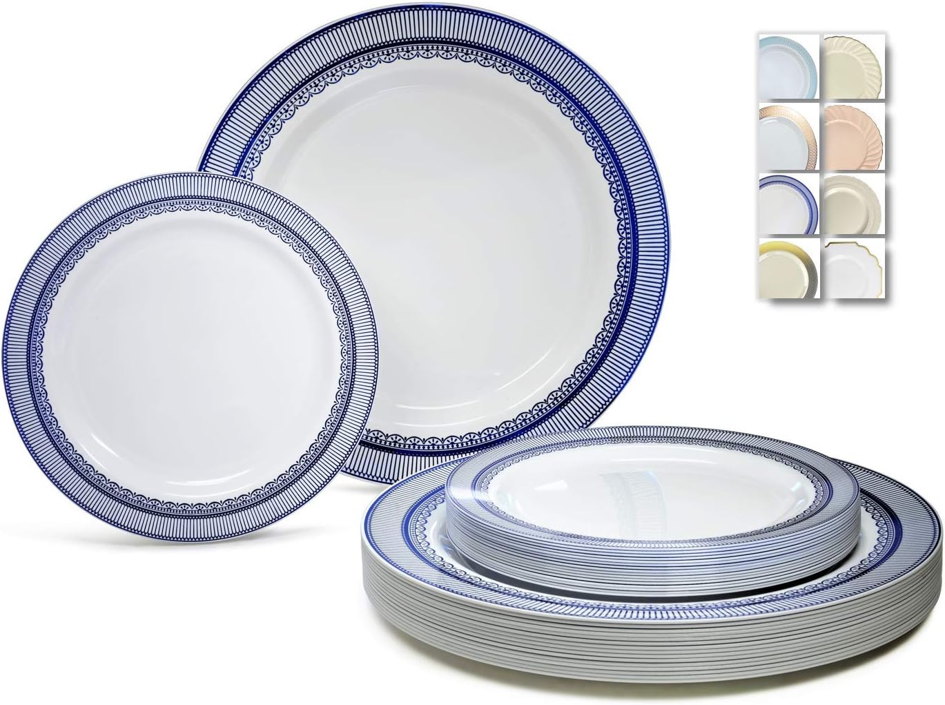 " OCCASIONS " 120 Plates Pack,(60 Guests) Heavyweight Premium Wedding Party Disposable Plastic Plates Set -60 x 10.5'' Dinner + 60 x 7.5'' Salad/Dessert (Louvre in Metallic Blue)