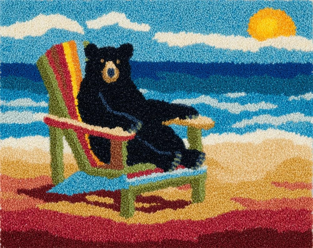 Latch Hook Rug Kits Bear Sitting On A Beach Chair Colorful Printed Crochet Yarn DIY Hooking Latch Kit Carpet Rug Cover Mat for Cushion Floor Decor 39X55In