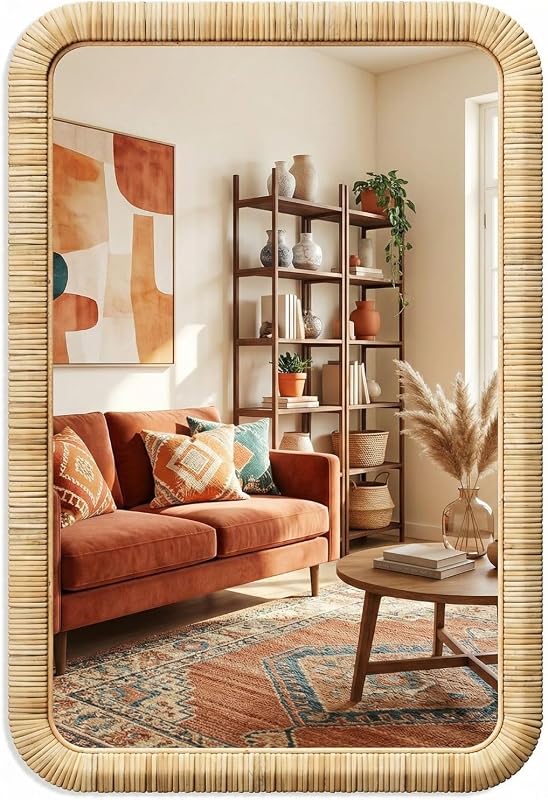 Barnyard Designs Rattan Wall Mirror Natural Honey (24" x 36", Rectangular) | Woven Natural Frame; Farmhouse Boho Coastal Accent for Bathroom, Entryway, or Bedroom; Beachy Wall Decor