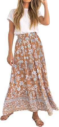ZESICA Womens 2026 Summer Bohemian Floral Printed Elastic Waist A Line Maxi Skirt with Pockets