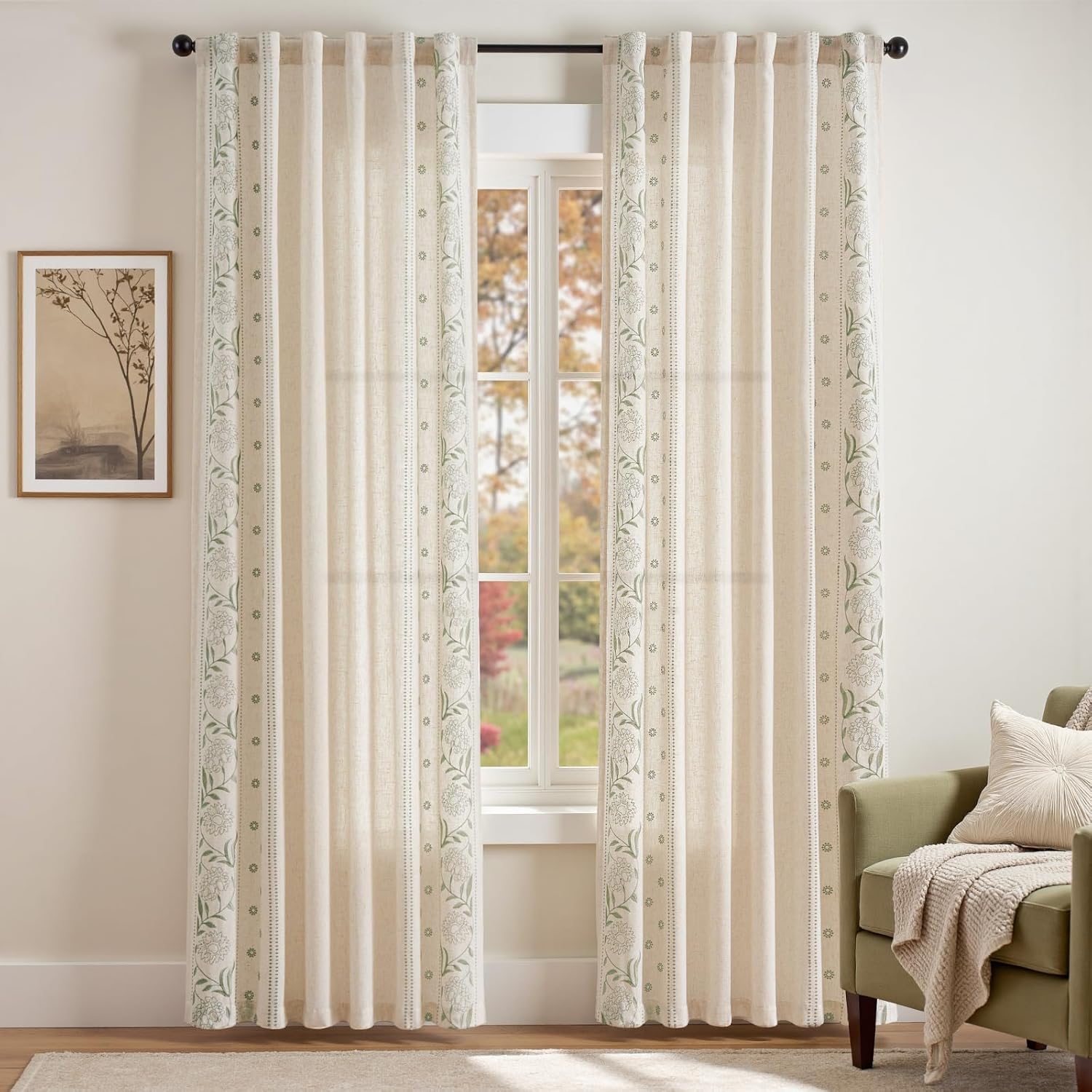 Lazzzy Linen Curtains for Living Room Bedroom 84 Inches Length Embroidered Floral Curtains Farmhouse Rod Pocket Drapes Light Filtering Window Treatments Green on Beige 2 Panels Set