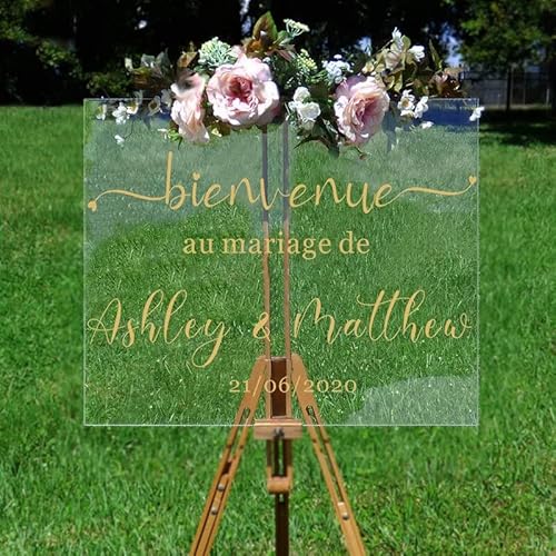 WEIYOUDP French Style Wedding Vinyl Decal Custom Names Wall Sticker Engagement Welcome Sign Vinyl Murals Romantic Mariage Decor V1004F (42x24cm/16.54X9.45'') Cover