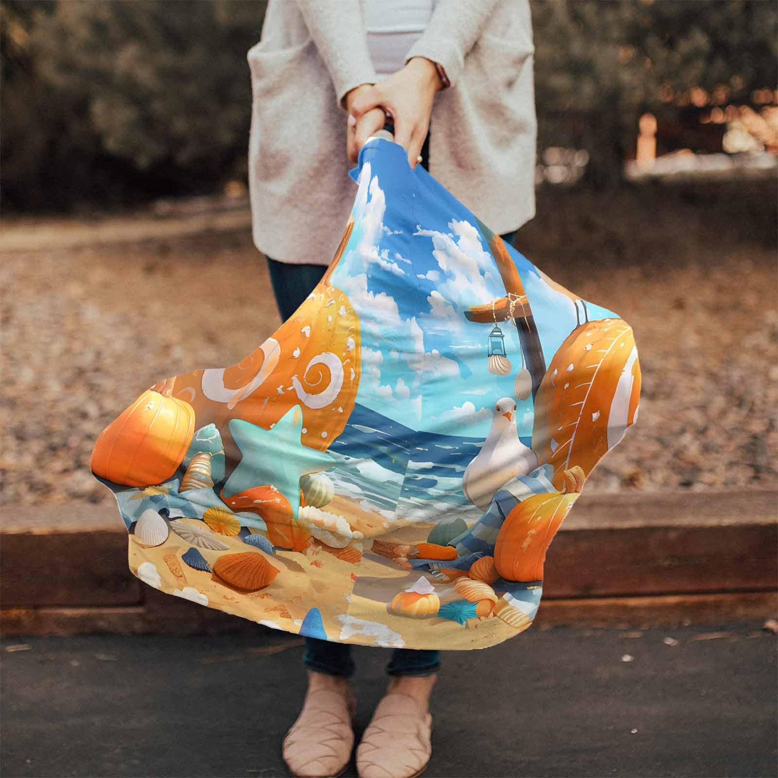 Nursing Cover for Breastfeeding Scarf, Summer Beach Pumpkins Starfish Seagull Baby Car Covers Super Soft Multi Use for Canopy Shopping Cart Cover Blanket Stroller Cover