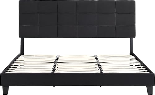 Miniatura 5 de Base de cama tamaño King, moderna cama tapizada con cabecero, base de cama pesada con soporte de listones de madera, fácil montaje, no necesita