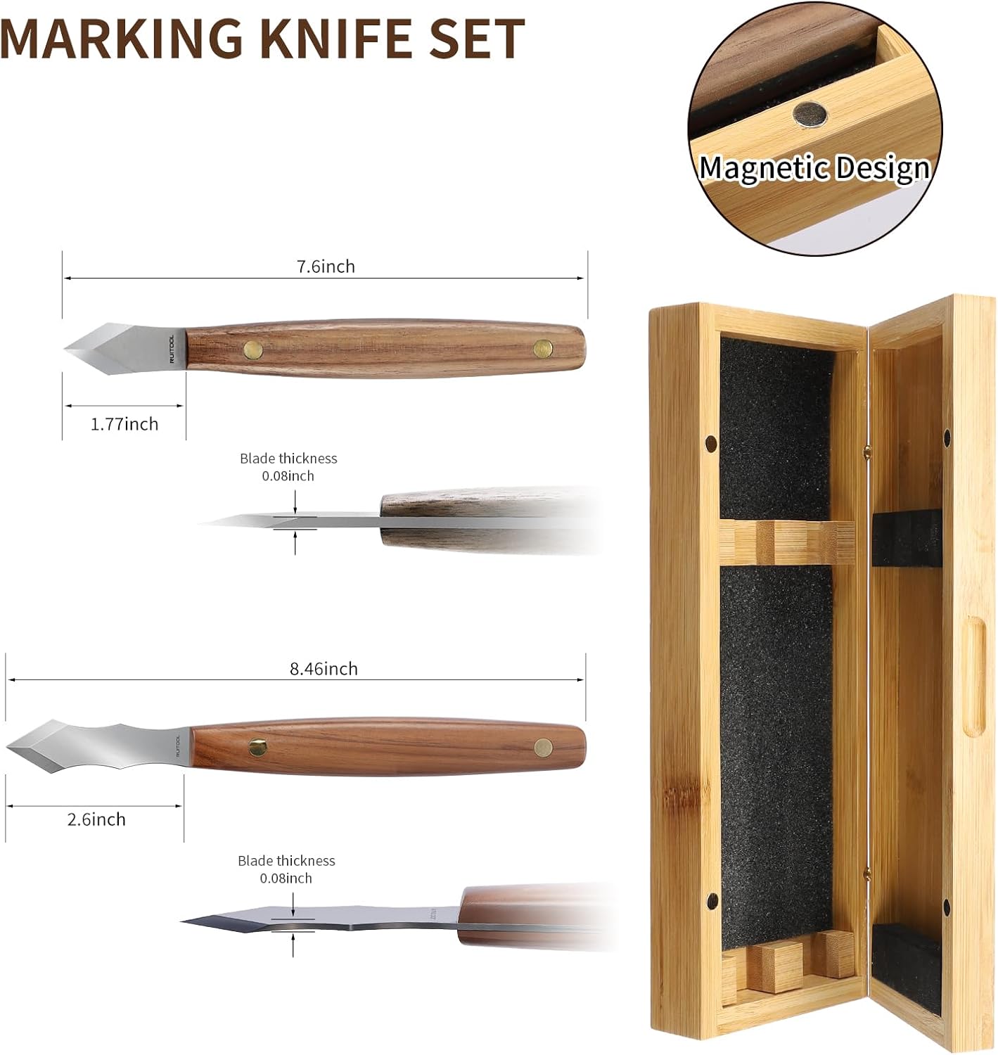 RUITOOL Profession Marking Knife Set for Woodworking, Ambidextrous Scribe Tool with Bamboo Storage Box, High Carbon Steel Double Beveled Blade with Wooden Handle, Precision for Carpenter, DIY Handyman
