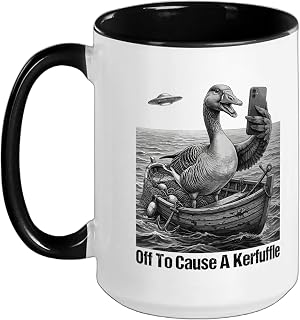 Off To Cause A Kerfuffle Goose UFO Selfie Meme Boat Ceramic Mug, Black/White, 15oz