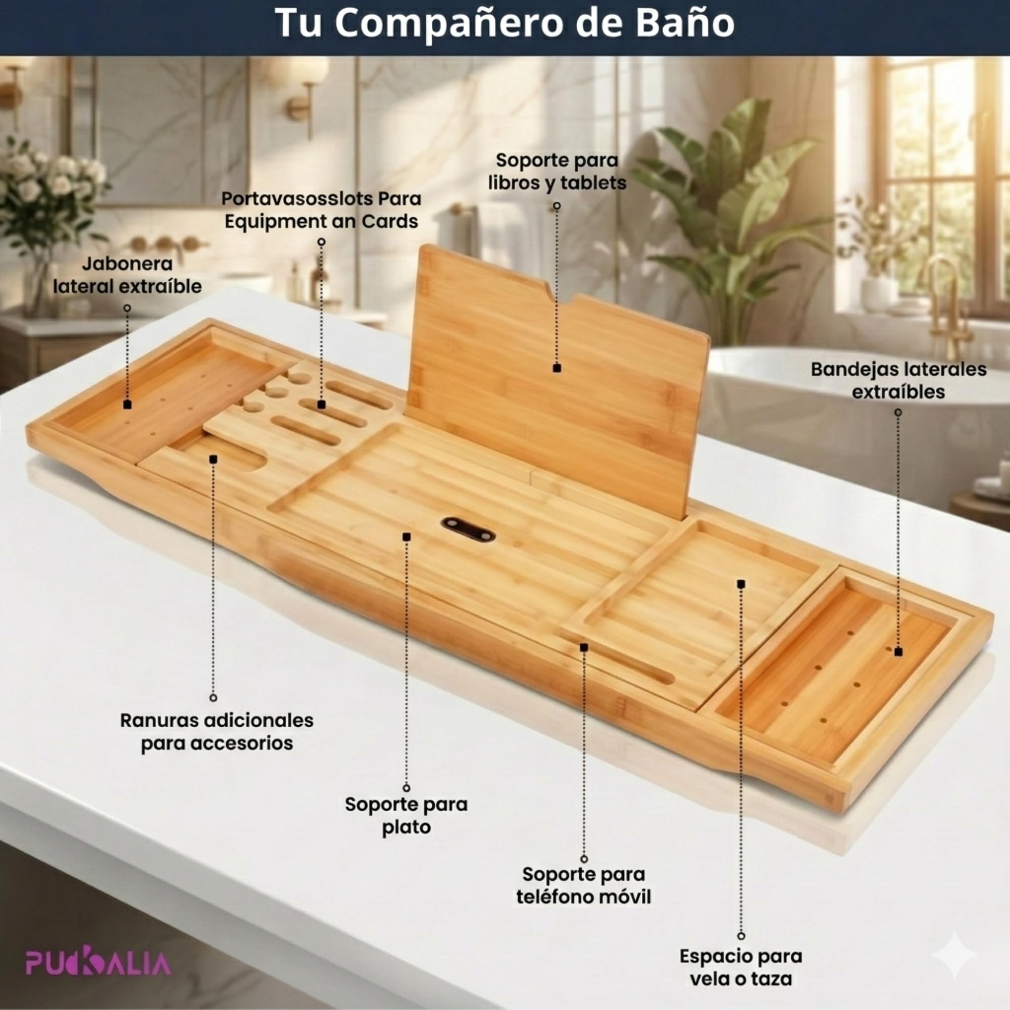 Vassoio per vasca da bagno con cuscino ergonomico, kit spa in casa in bambù, supporto estensibile e pieghevole per tablet, libro e coppa, legno naturale 100% e accessori di lusso