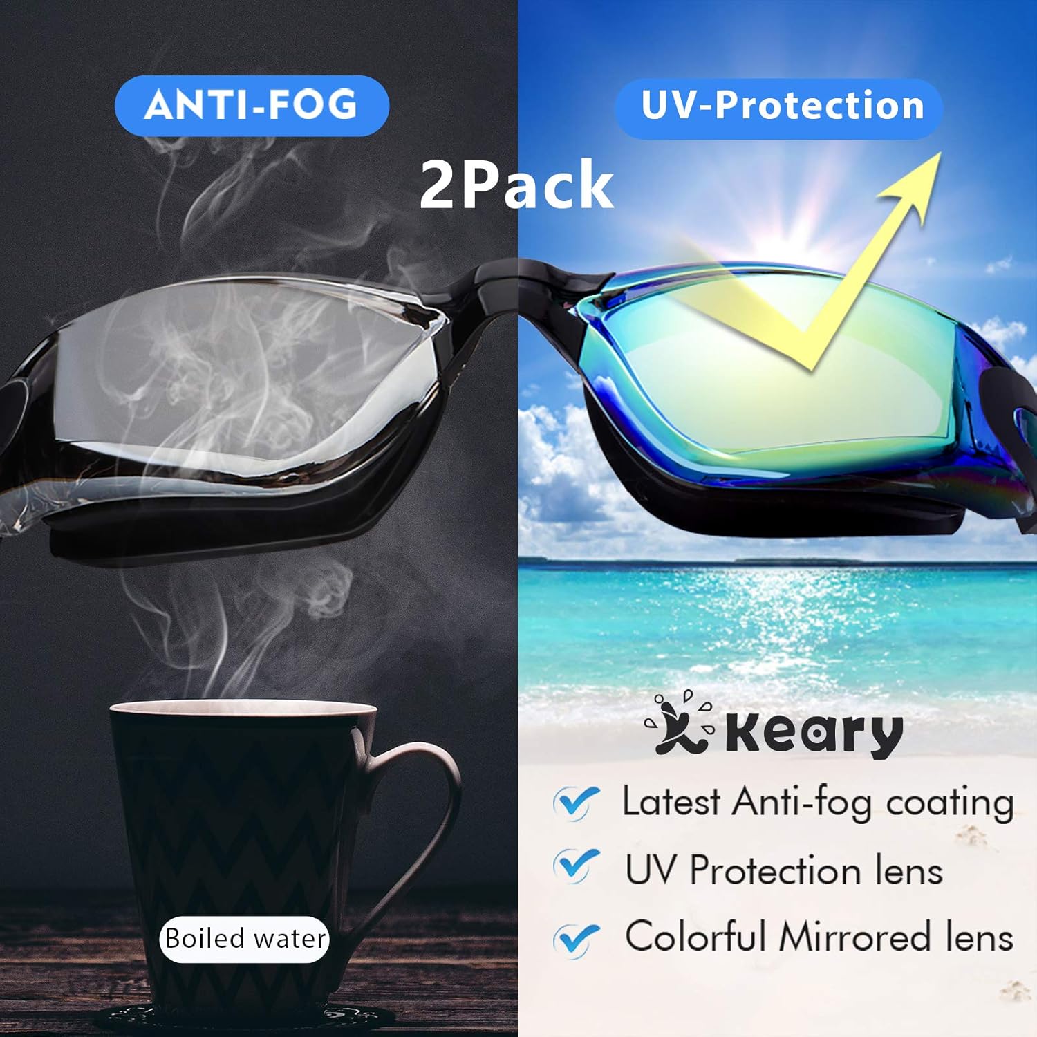 Keary 2 Pack Anti-Fog Swim Goggles for Adult Youth Kids 6+, Anti-UV Waterproof Triathlon Pool Goggles with 3 Nose Pieces - Image 4