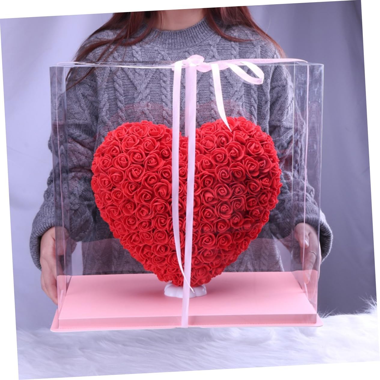 Unomor Sparkly Pink Roses Flower Box Heart Shape for Valentines Day Girlfriend's