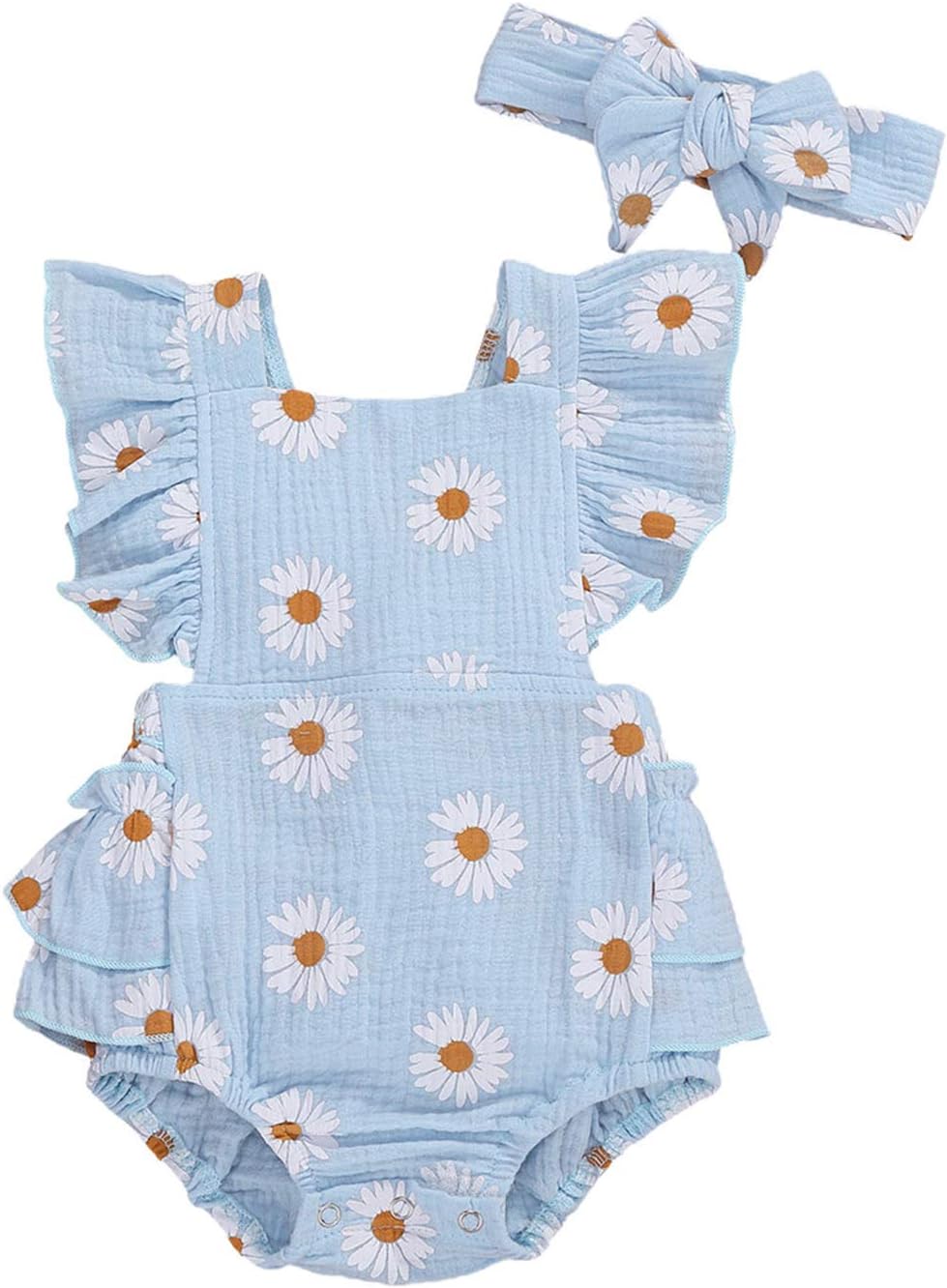MA&BABYBaby Girls Daisy Playsuits Ruffled Bodysuit+Headband Print Fly Sleeve Romper Floral Jumpsuit Infant Summer Clothes