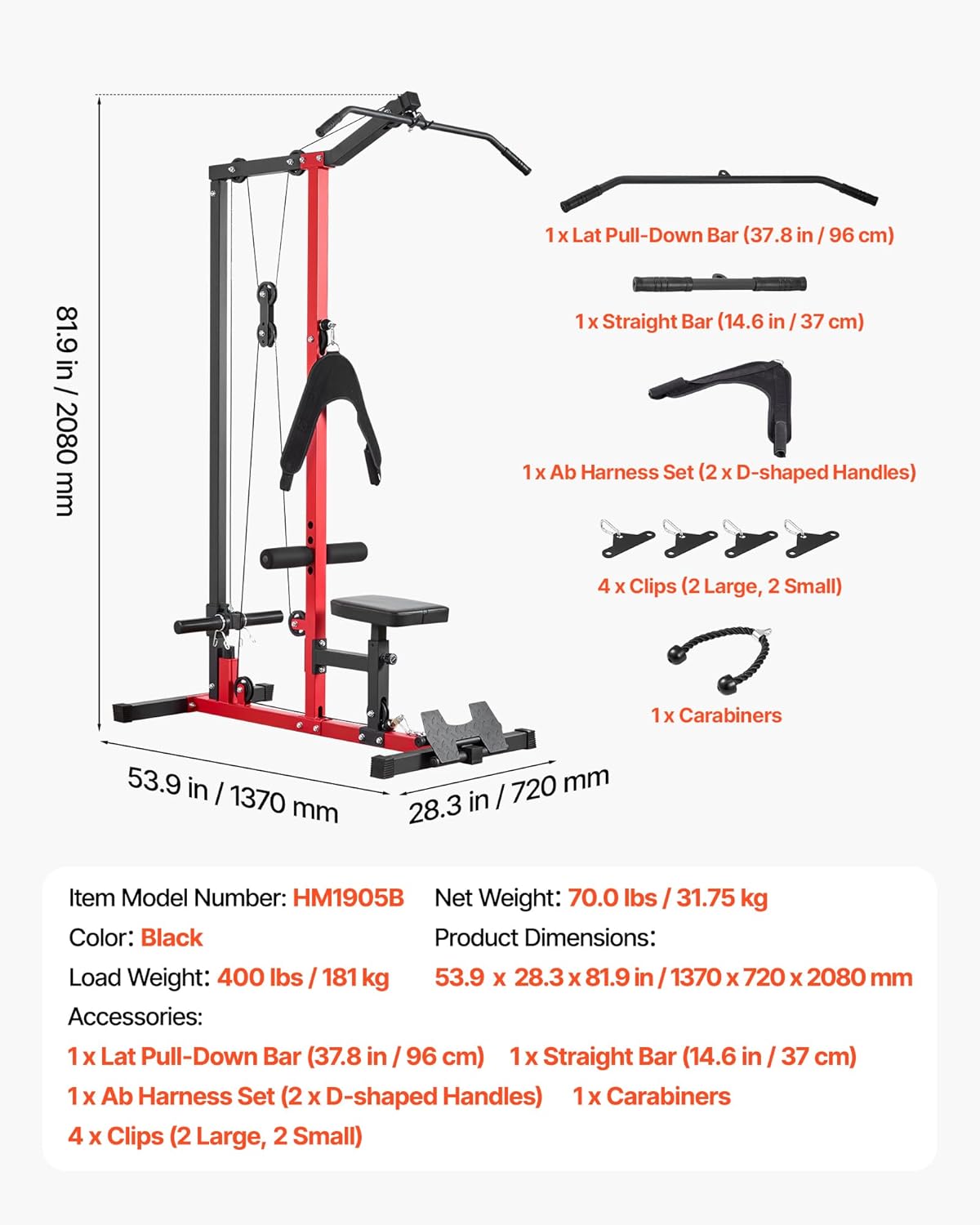 VEVOR LAT Pull Down Machine, 3-in-1 Row Cable Machine, Cable Machines Home Gym with 3-Level Adjustable Seat, 4-Level Adjustable Foam Roller, Load 400 lbs LAT Tower for Back, Chest, Tricep, Black