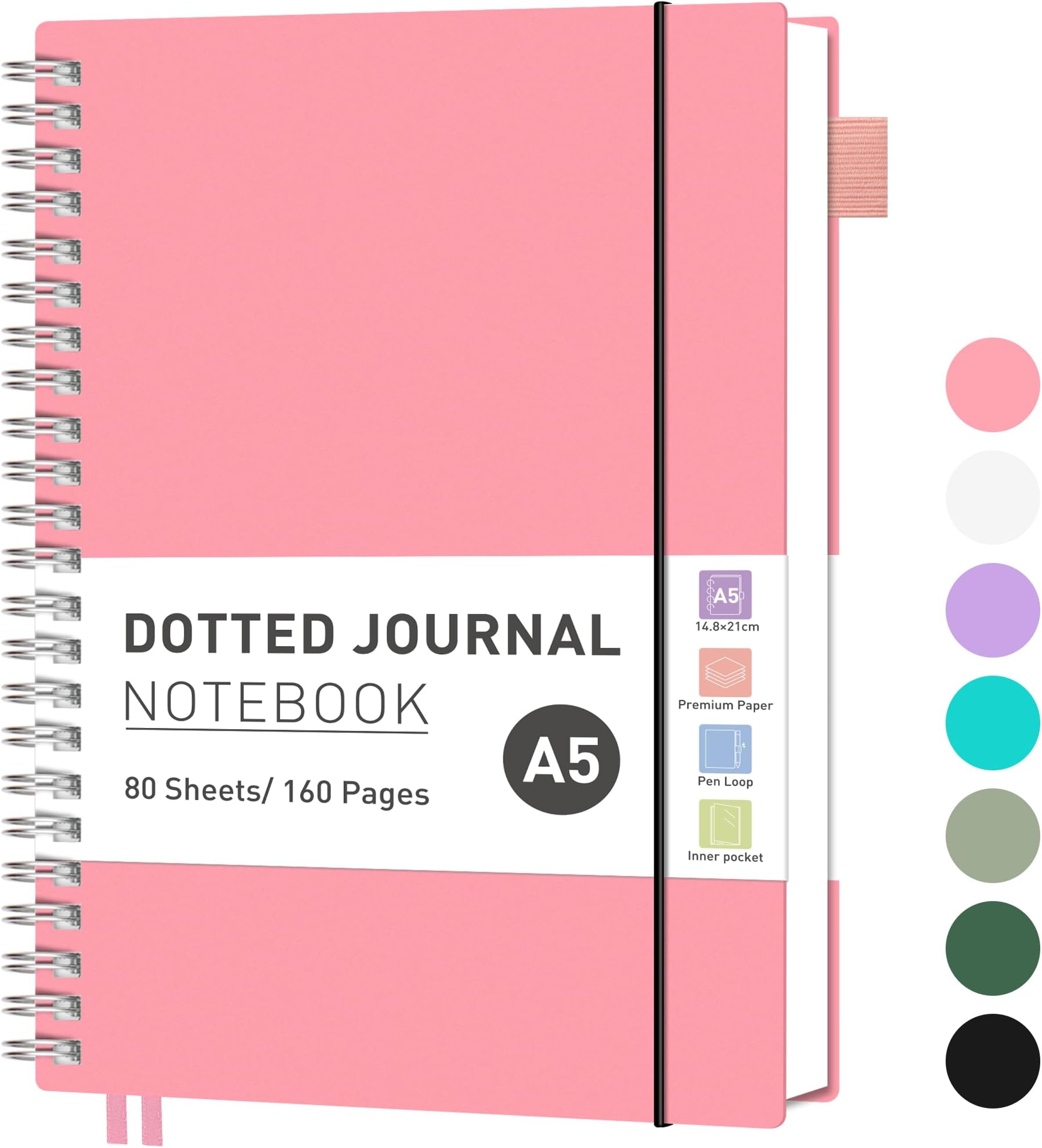 RETTACY Notebook A5 Bullet Dot Journals for Women, Grid Wirebound Spiral Notebook 160 Pages for Writing,PVC Pocket,Pen Loop, Ruler, Bookmark, for Note Taking School Office Supplies,14.5 x 20.7cm-Pink