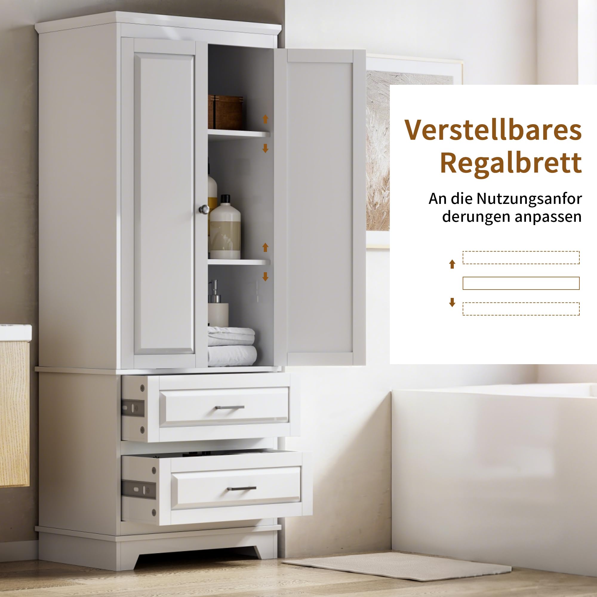 Armadietto da bagno alto, in legno, bianco, 157 x 60 x 40 cm, con cassetti, 2 ante e regolabili, per soggiorno, cucina