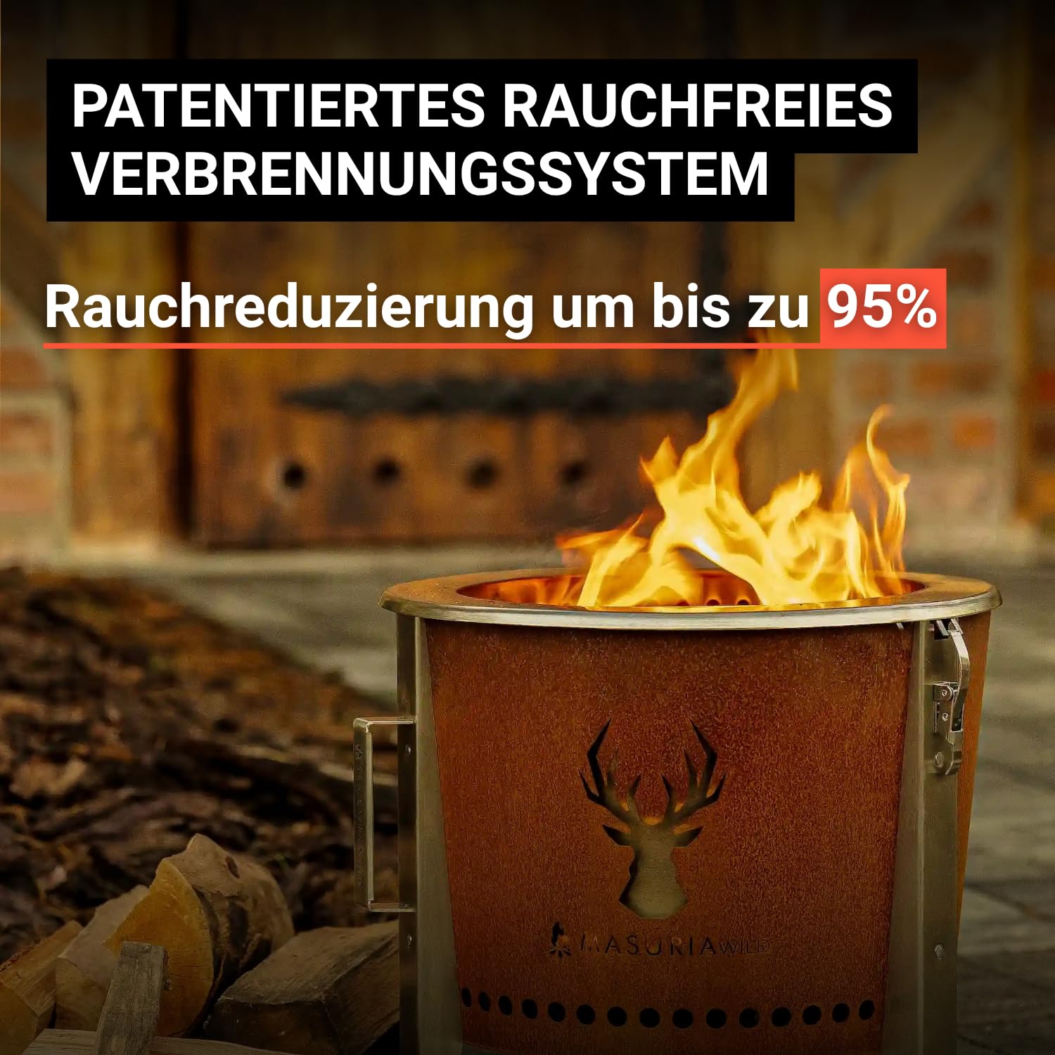 Masuria Rauchfreie Feuerschale 39cm Alpha 400 - Tragbare Feuertonne aus Edelstahl mit patentierter Rauchreduzierung bis zu 95%