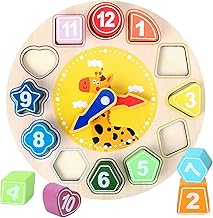 ZZ ZONEX Wooden Shape Color Sorting Clock Teaching Time Number Blocks Animal Patterns Puzzle Stacking Sorter Montessori Early Learning Educational Toy Gift for 3 Year Old Toddler Baby Kids
