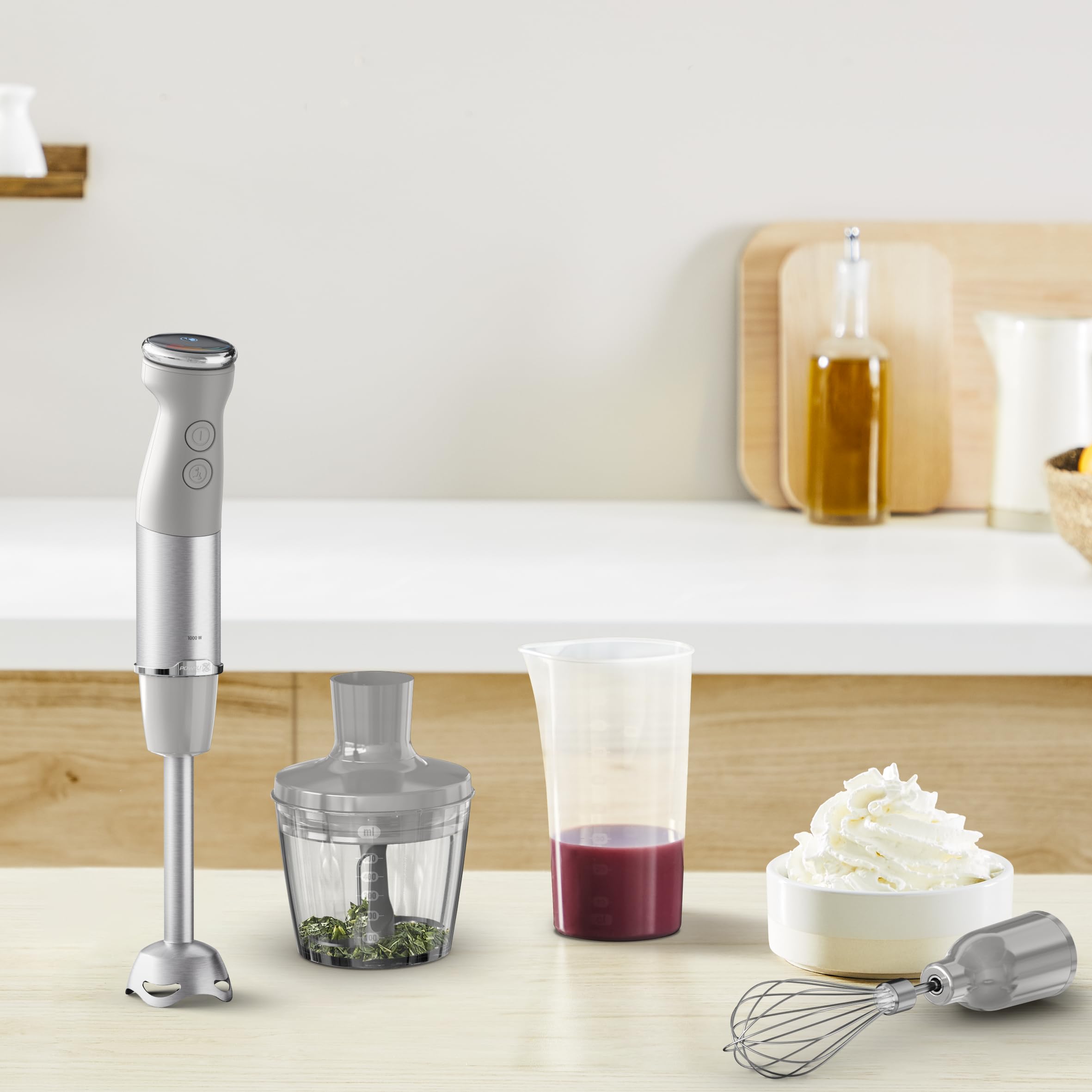 Tefal HB673B Quickchef+ Blender ręczny, technologia ostrza Powelix, 20 poziomów prędkości, tryb turbo, kompaktowa konstrukcja, nasadka do trzepaczki, kielich 800 ml, tryb cichy, uchwyt Softgrip