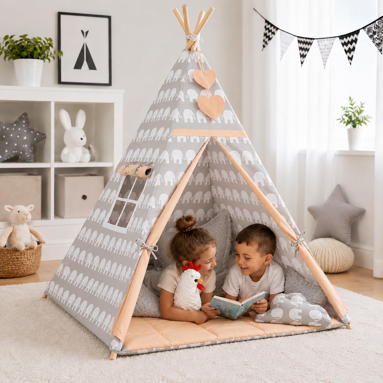 BABYMAM Children's Teepee Tent 160x120 cm Cotton Kids Play Tent Wooden Poles Quilted Floor Mat Easy Assembly (Happy Savannah) — image 1