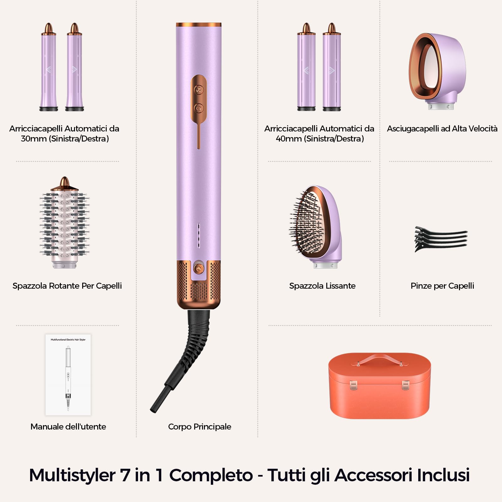 Cwexi Air Styler 7 in 1, Asciugacapelli Ionico, 2 Dimensioni Arricciacapelli Automatico, Spazzola Rotante Per Capelli e Lisciante, 1700W, 114.000 Giri/min, Custodia in Pelle, Set Regalo Viaggio