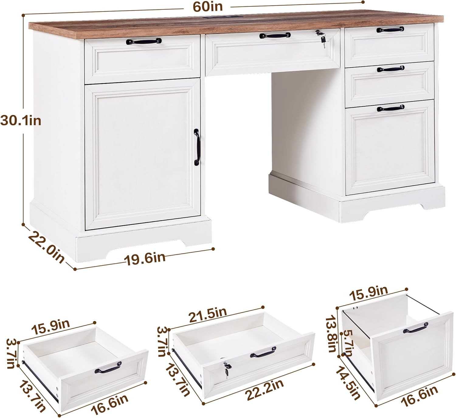 Detailed dimensions of the LayBurst 60-inch Farmhouse Executive Desk