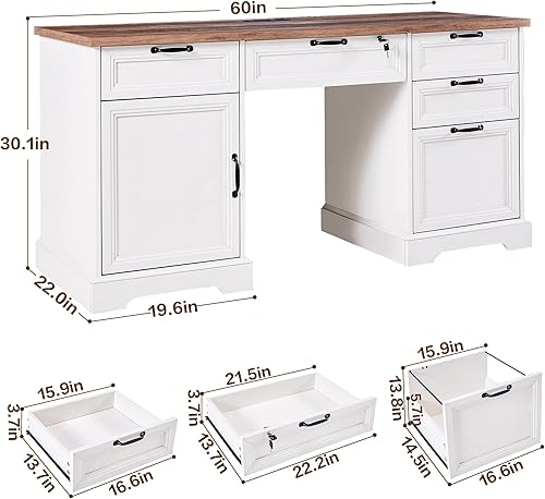 Miniatura 2 de Escritorio ejecutivo de granja de 60 pulgadas con cerradura, escritorio de oficina en casa con estación de carga, escritorio ejecutivo con 4