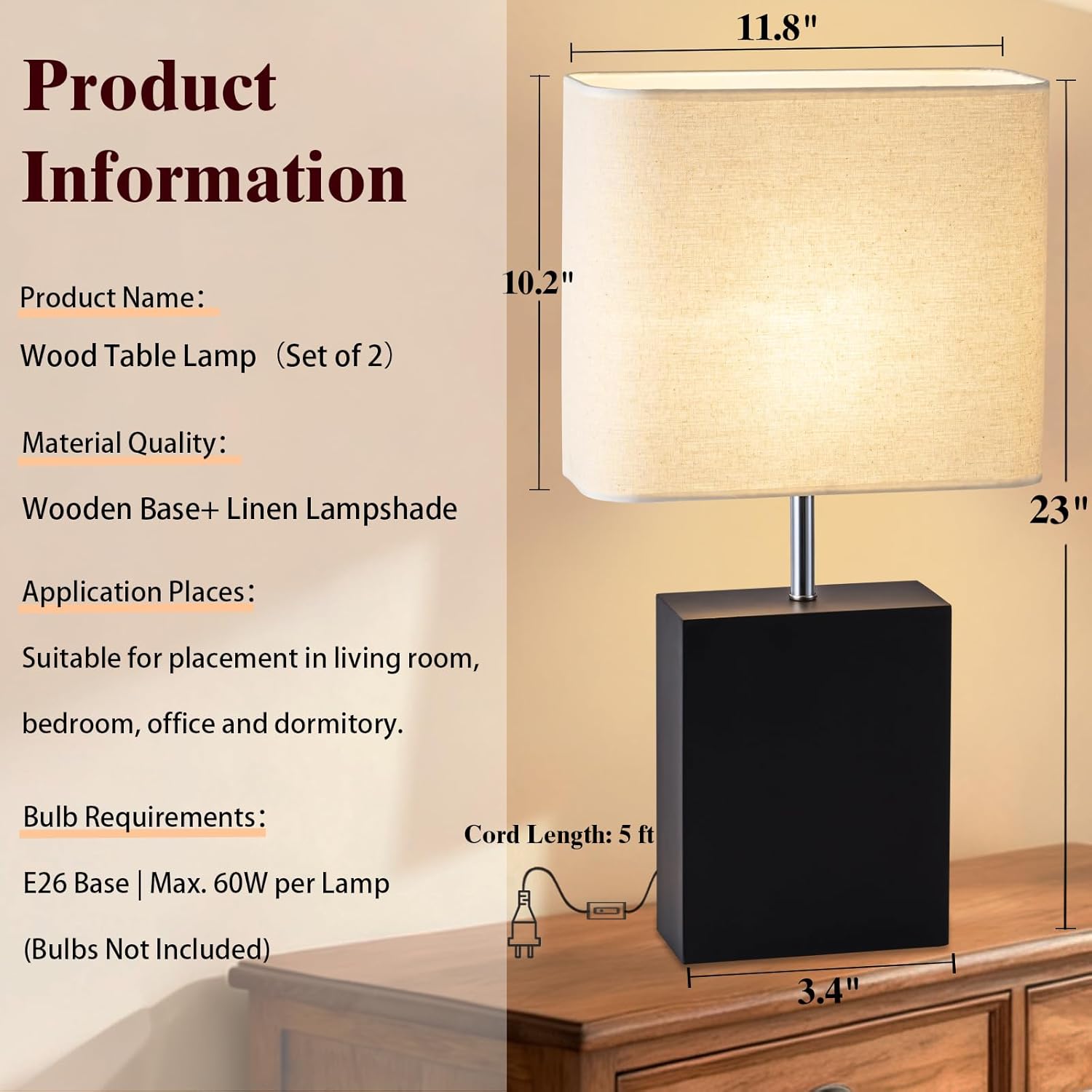 lapupu 23" Wood Table Lamp Set of 2 for Living Room, Modern Bedside Lamps for Bedroom, Large Farmhouse Nightstand Lamp, Desk Lamps for End Table Home Decor, Black